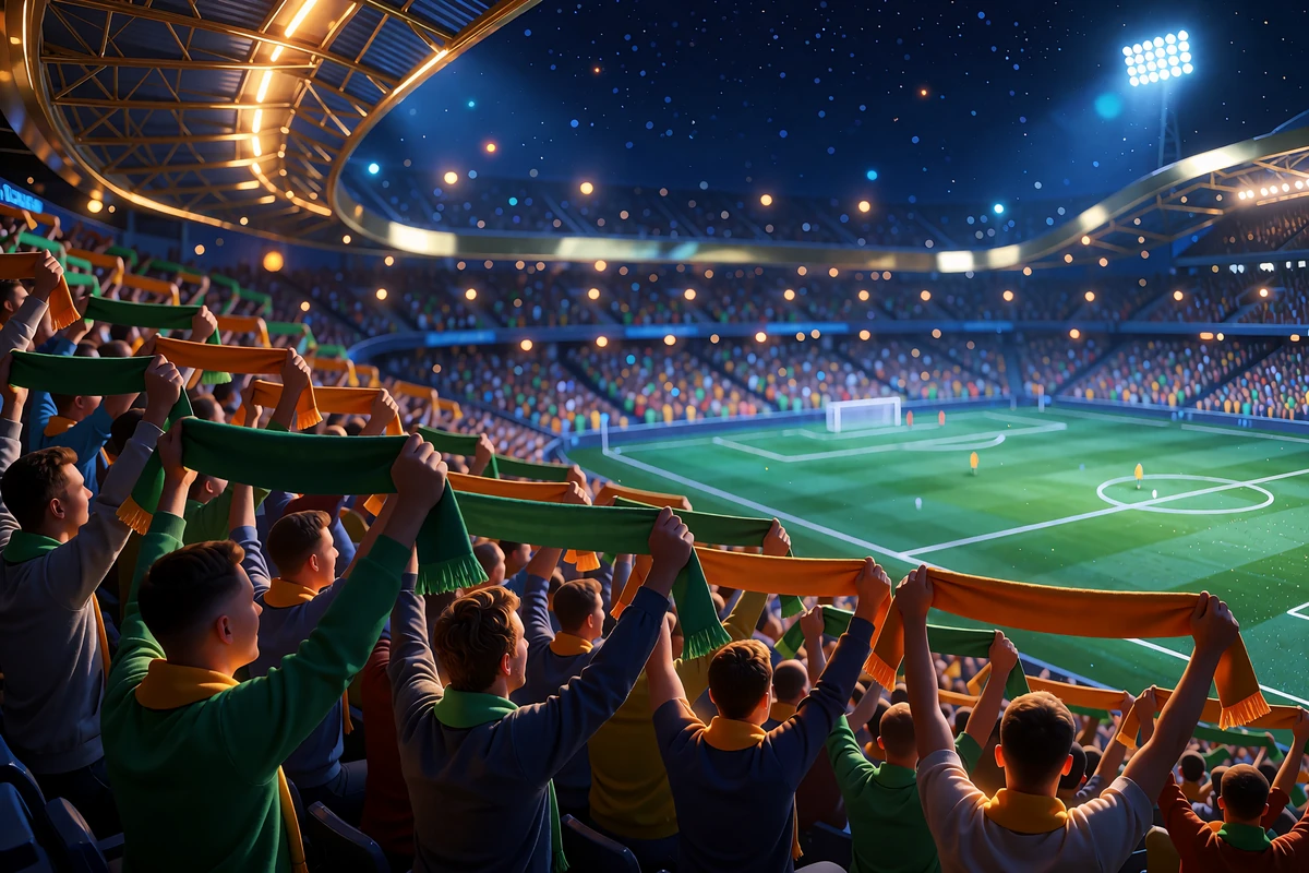 Anonimowi kibice na trybunach nocnego stadionu unoszą szaliki w kolorach szmaragdu i bursztynu - dzień meczowy w Golisimo