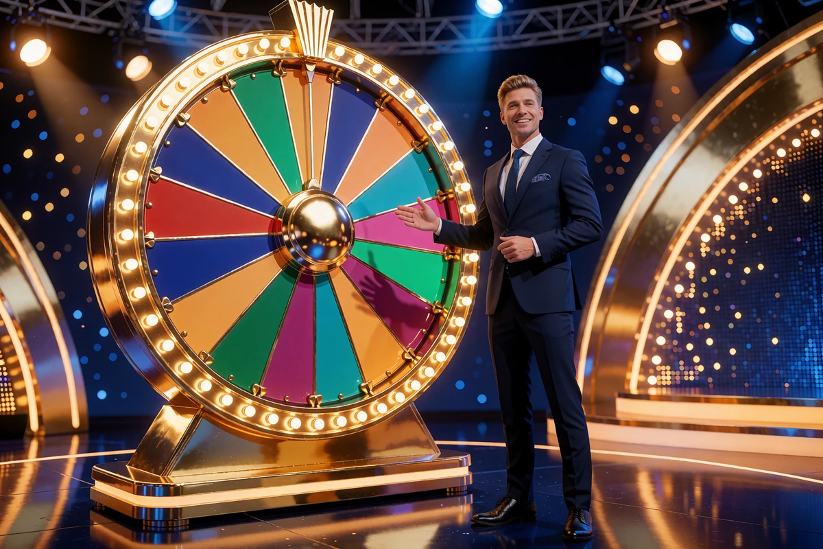 Prezenter w granatowym garniturze przy kole fortuny w studiu teleturnieju - kasyno live Golisimo Casino