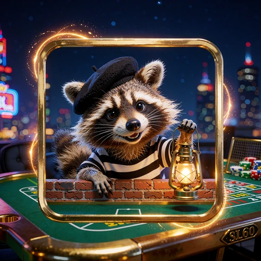 Szop w pasiastej koszulce i berecie z latarką na dachu - miniatura slotu Le Bandit w Golisimo